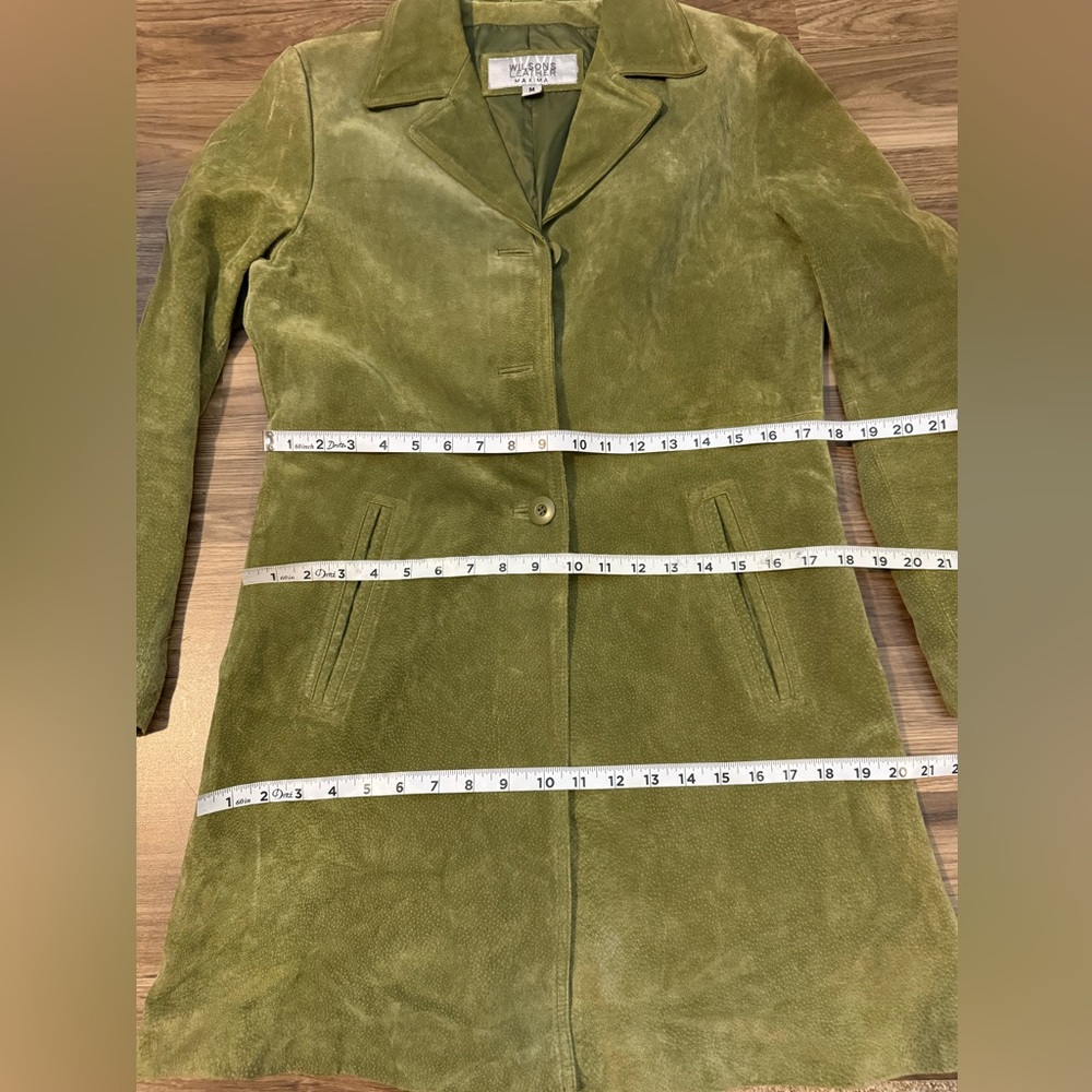 Wilsons Leather Soft Suede Vtg Avocado Green Pockets Lined Button Car Coat M - Picture 13 of 17